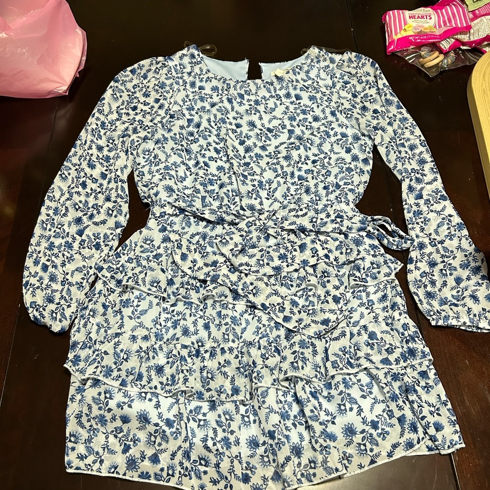 Blue and White Ruffled Tiered Sundress with Bishop Sleeves
